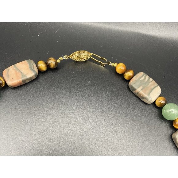 Rainforest Jasper Aventurine Tiger Eye Bead Necklace 22" Elephant Coin 66g Boho - Picture 6 of 10
